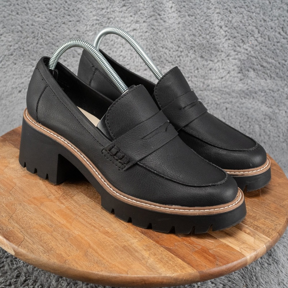 Dolce Vita Halona Chunky Heel Loafers Black Leather Size 10 M Platform